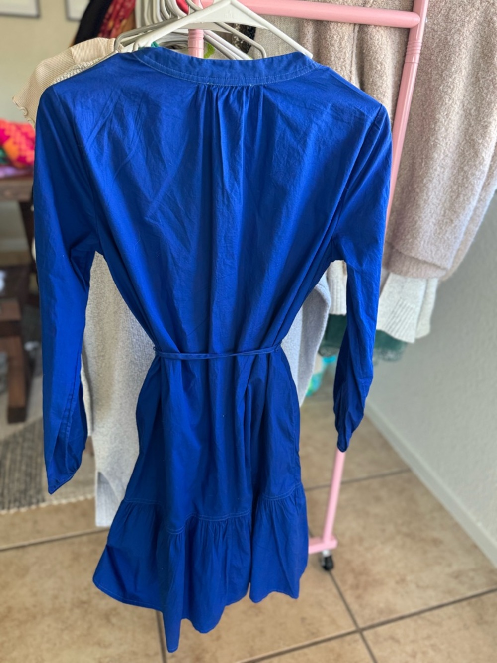 beachlunchlounge Cobalt Blue Button-Front Tie-Waist Long Sleeve Dress - Picture 3 of 6